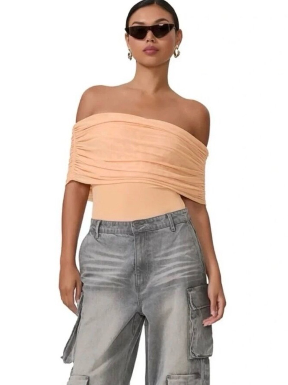 AFRM Peach Off-the-Shoulder Ruched Bodysuit
